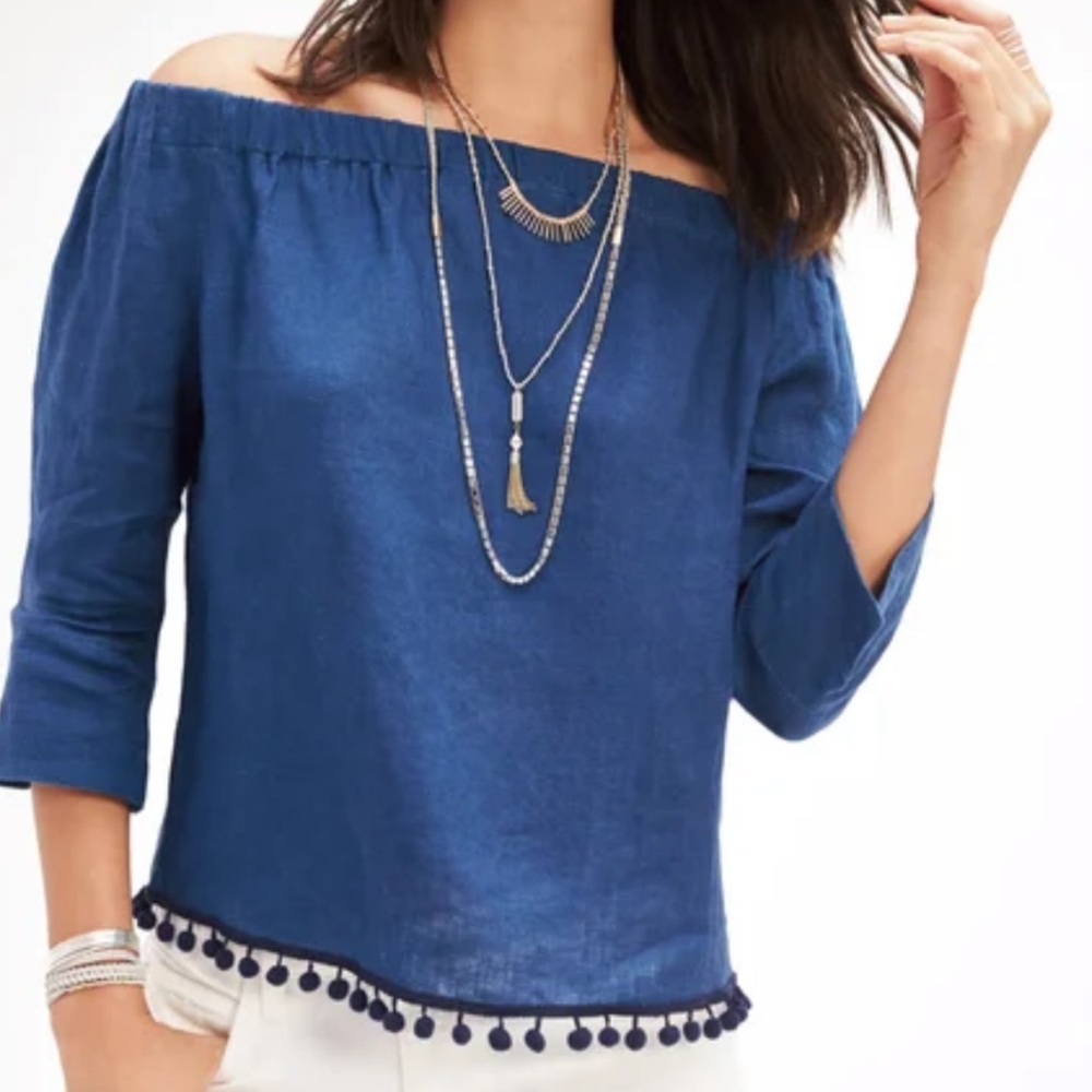 Zara Blue Off-Shoulder Pom Pom Hem Top